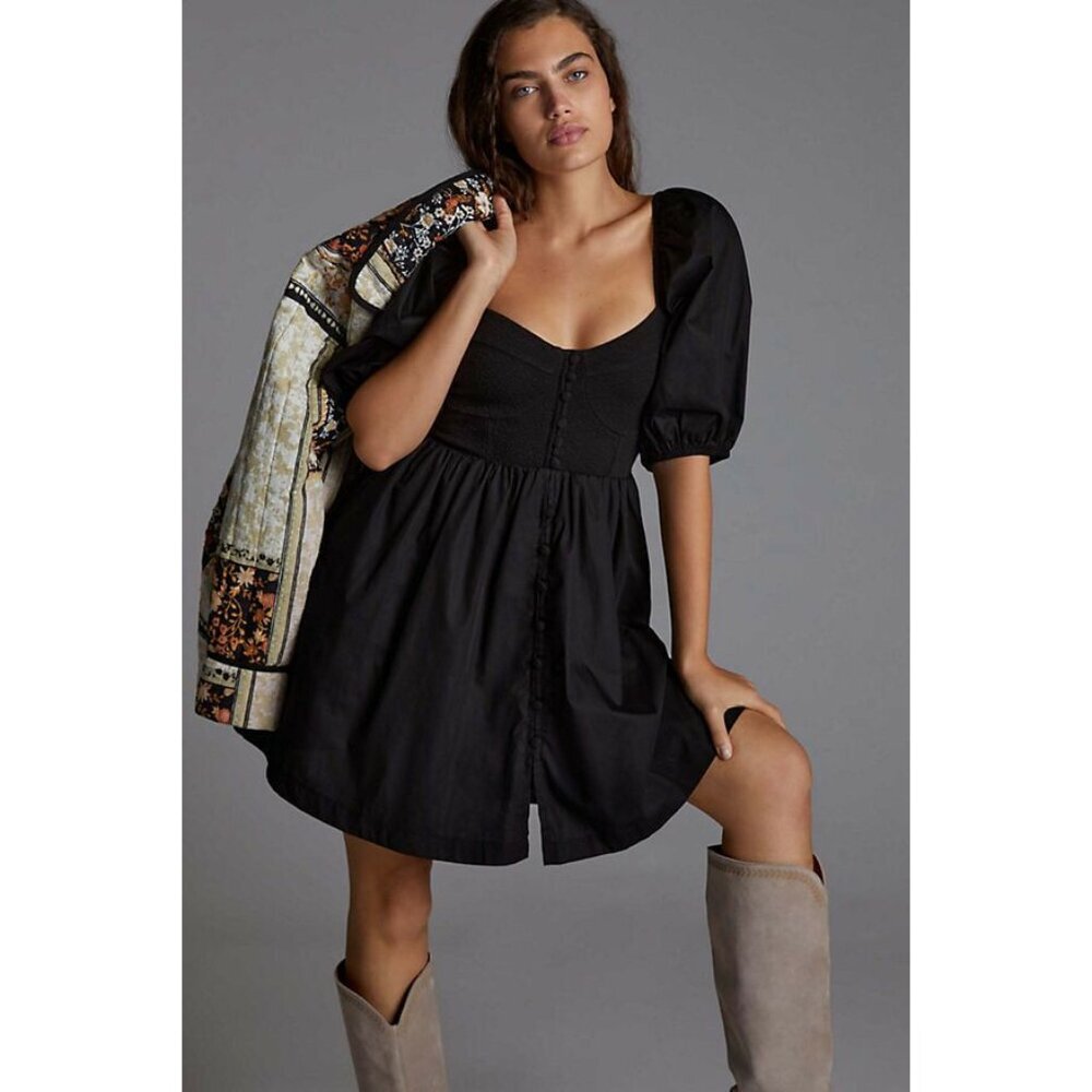 ANTHROPOLOGIE Maeve‎ black Puff-Sleeved Sweetheart Mini dress small